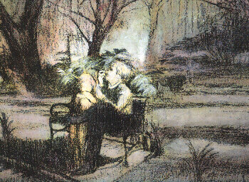 Image depicting a man and a woman relaxing in a parkland setting